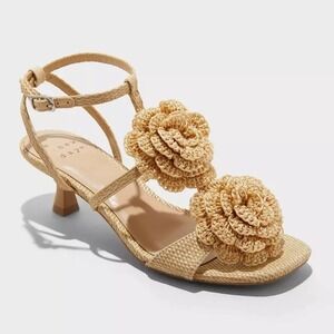 Women's Esme Floral‎ Knit Kitten Heels - A New Day Tan 8.5
